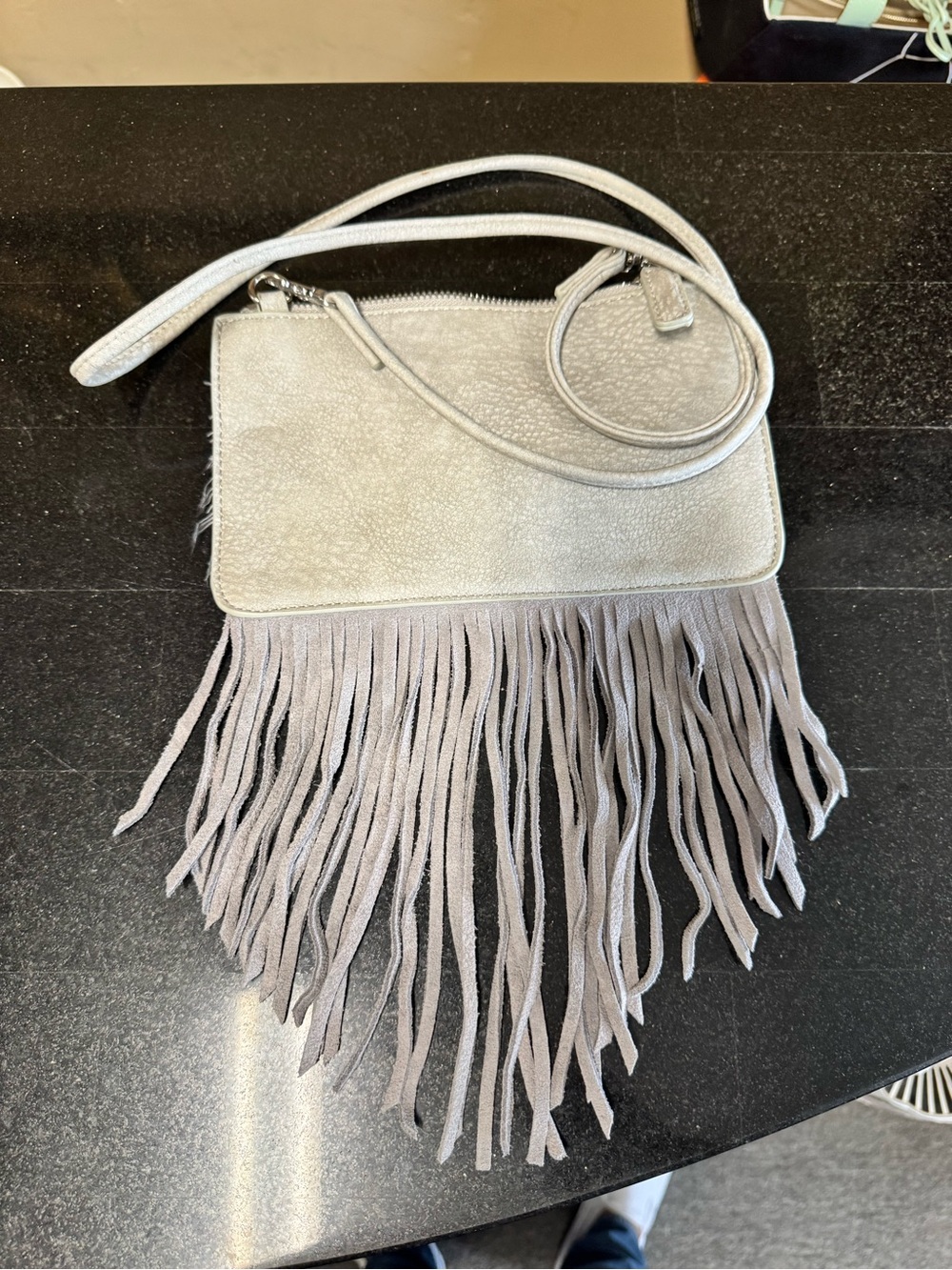 Fringe Suede Crossbody Bag - Light Gray
